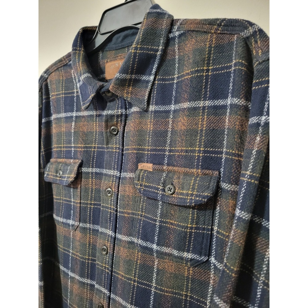 Orvis Classic Plaid Heavyweight Flannel Shacket Shirt XL Blue Green Brown Cotton - Picture 2 of 10